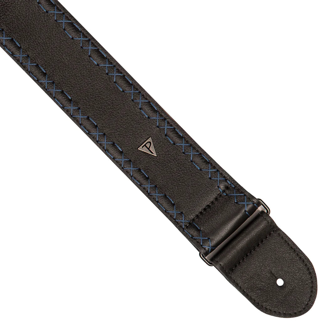 Perri's Soft Glove Leather 2.5" Guitar Strap ~ Black with Blue Stitch - Aron Soitin